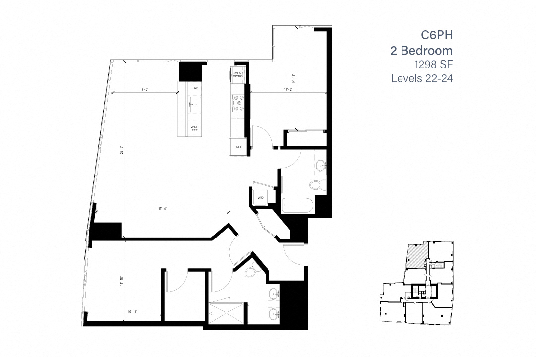 Floor plan for 2 beds, 2 baths, 1298 sqft